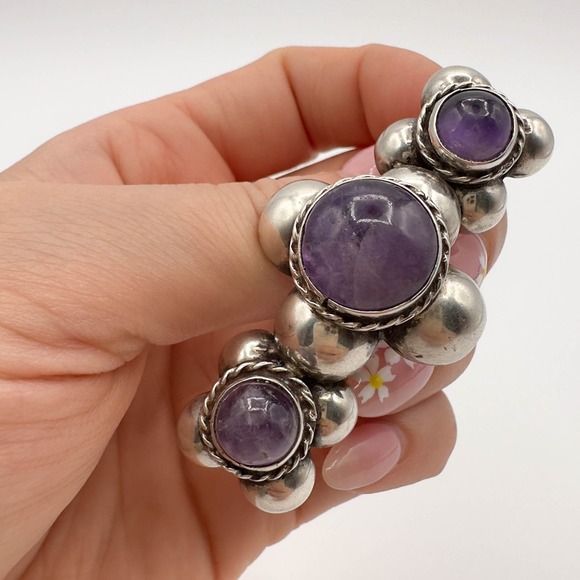 Early Vintage Mexican Sterling Silver Triple Amethyst Brooch Marked MR Mexico - Picture 3 of 12